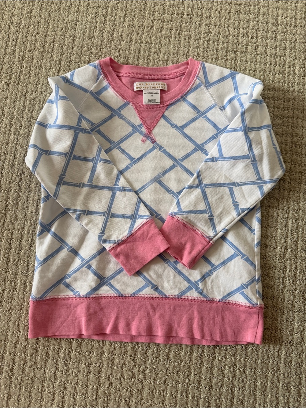 The Beaufort Bonnet Company White Sweater with Pink Trim and Light Blue Lattice
